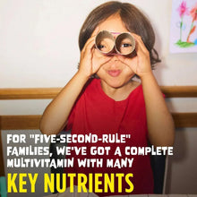 Child wearing round sunglasses and red shirt in multivitamin ad