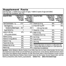 Supplement facts label for children's chewable multivitamin with iron