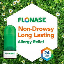 Non-drowsy Flonase allergy relief nasal spray bottle with green cap and 24-hour badge