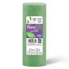 Green cylindrical floral foam vase insert with label
