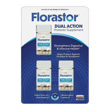 Florastor Dual Action probiotic supplement box, 90 count, with bottles shown