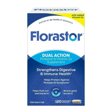 Florastor Daily Probiotic supplement box with Vitamin D3, dual action label