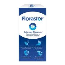Florastor supplement box panel balancing digestion with blue icon graphics