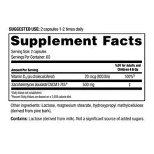 Florastor Supplement Facts close-up with Vitamin D3 20 mcg and serving size