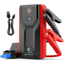 Portable 12V car jump starter pack with red clamps and jumper cable set