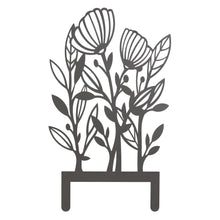 Flower garden stake, black metal floral silhouette with leaves and flower heads