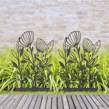 2-pack flower garden stakes, black metal floral silhouette stakes with base feet