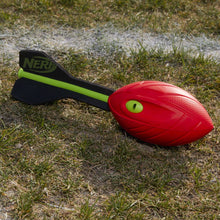 Red foam vortex football with green oval insert and black fin with lime green stripe