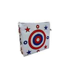 White foam archery target cube with red bullseye and blue stars