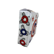 White foam archery target cube with colorful winged target graphics