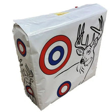 White foam archery target cube with red, blue, and black bullseye circles