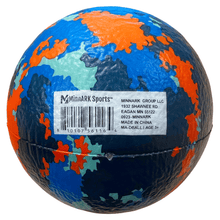 Foam dodgeball with world-map pattern and printed label with barcode on back