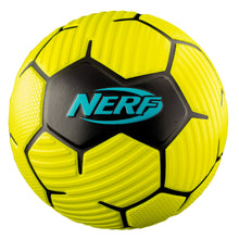 Soft foam soccer ball, bright yellow with black panels and Nerf logo