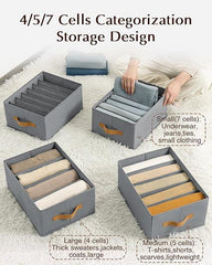 Foldable Clothes Storage Bags, Set of 4, Polypropylene Board, Gray, for Organizing Bedroom, Closet, Clothing, Comforters (7 Grid)