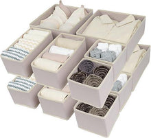 Foldable closet drawer organizer set with 12 compartments, light beige bins for folded clothes