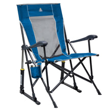 Blue foldable rocking camp chair with gray mesh seat and headrest, side storage pouch