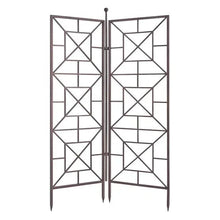 Foldable metal trellis with two X-lattice panels and vertical hinge bars, dark bronze