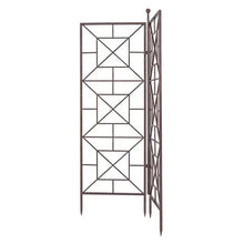 Foldable metal trellis side view with X-lattice frame and hinge bars, dark bronze
