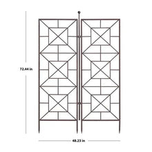 Foldable metal trellis with X-lattice panels shown with measurements 48.23 in and 72.44 in