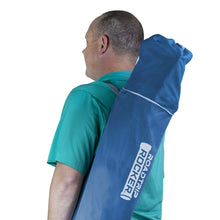 Blue carry cover for folded camp rocking chair with a rear carrying handle