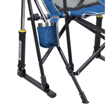 Blue side storage pouch and cup holder on black folding camp chair frame