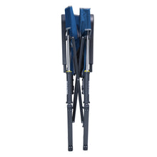 Folded blue camp rocking chair with black steel legs and protective cover