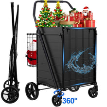 Black folding shopping cart with mesh basket and four rolling wheels