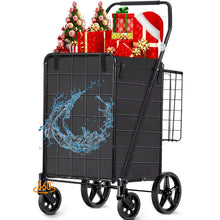 Black folding shopping cart with removable basket, rear wire rack, and handle