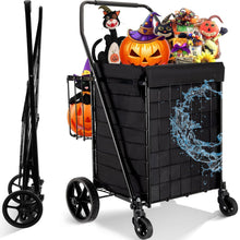Black folding shopping cart with removable basket and swivel wheels