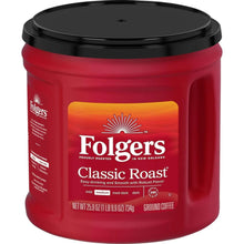 Red ground coffee canister with black lid and Classic Roast label
