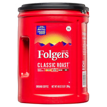 Ground coffee canister, red with Folgers Classic Roast label