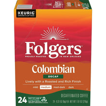 Folgers Colombian decaf coffee K-Cup box, 24 count, medium roast