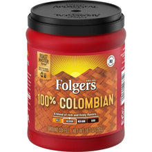 Red ground coffee can with black lid, Folgers 100% Colombian roast label