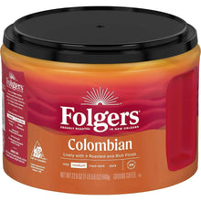 Ground coffee canister, Colombian medium roast with Folgers branding on front label