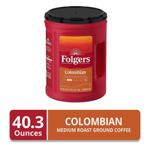 Ground coffee canister, Folgers Colombian medium roast, red jar shown from side/rear.