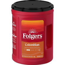 Ground coffee canister, Folgers Colombian medium roast, red jar with black lid.