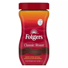 Instant coffee container with red lid and Classic Roast label, instant coffee crystals