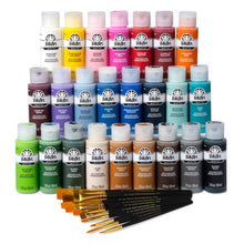 Acrylic craft paint and paintbrush set with many small bottles and assorted brushes