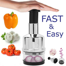 Manual food chopper with black handle and stainless steel body, clear press chamber