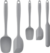 Gray silicone spatula set with five flat spatulas and hanging loops