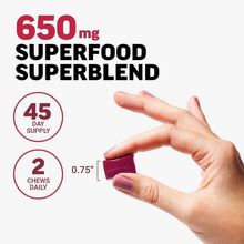 650 mg superfood superblend graphic and 2 chews daily text with hand
