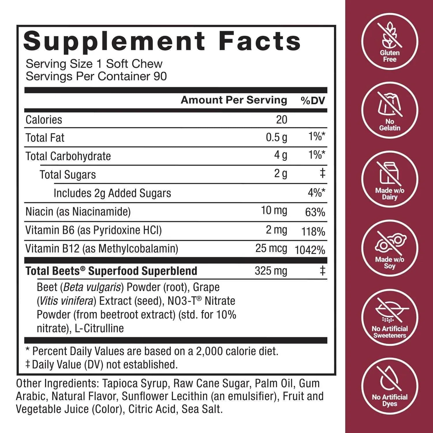 Force Factor Total Beets Beet Root Superfood Soft Chews, Acai Berry Flavor, 90 Count