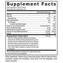 Supplement Facts label for ashwagandha soft chews, serving size and ingredients list