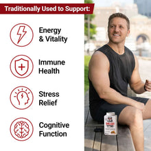 Man seated outdoors holding supplement bottle; icons for energy, immune health, stress relief