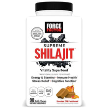 White supplement bottle with black cap and Supreme Shilajit label front view