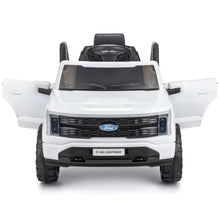 Front view of white Ford ride-on truck with LED grille lights and steering wheel