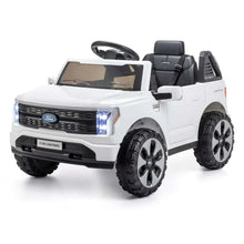 White Ford F-150 ride-on truck with black grille and bright LED headlights