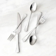 Fortessa Ellsie 20-piece flatware set with polished stainless spoon and fork arrangement