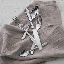 Stainless steel cutlery set with forks, spoon, and knife on cloth