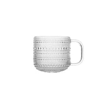 Clear textured glass coffee cup with curved handle, close-up